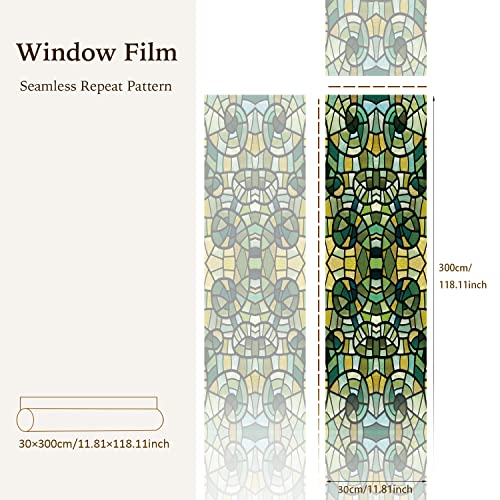 Funlife Stained Glass Film, Double-Sided Thickened Static Cling Non-Adhesive Decals Decor For Door Window, 11.8"X118", Green Mosaic #TOP1