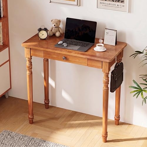 Image of 100% Solid Wooden Desk with Drawers - 31.5 inch Mid Century Modern Desk with 2 Hooks, Vintage Writing Desk with Drawers, Simple Work Study Table for Bedroom & Home Office - Walnut Color