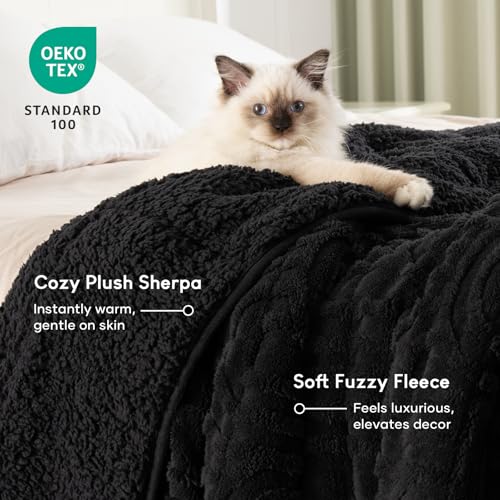 Image of Cottonblue Jacquard Weighted Blanket for Adults Queen Size 12 lbs, Soft Fluffy Sherpa Fleece Weighted Blankets Throw 60 inch x 80 inch for Sleep Relax, Fuzzy Warm Arch Heavy Blanket for Bed Sofa, Black