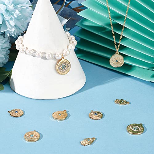 Beebeecraft 1 Box 10Pcs 5 Style Evil Eye Charms 18K Gold Plated Stainless Steel Irregular Flat Round Rhinestone Pendants Charms for Earring Necklace Jewelry Making - Image 4