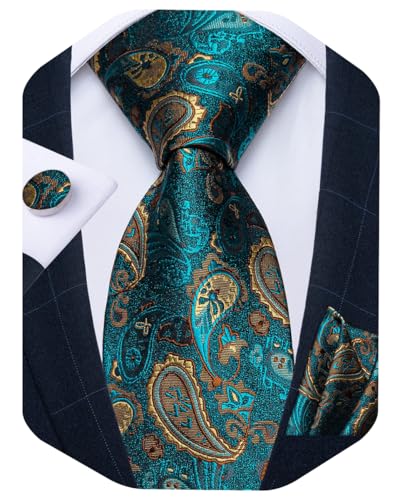 Image of DiBanGu Mens Paisley Tie Sets Silk Jacquard Woven Floral Necktie and Pocket Square Cufflinks Wedding Business Party
