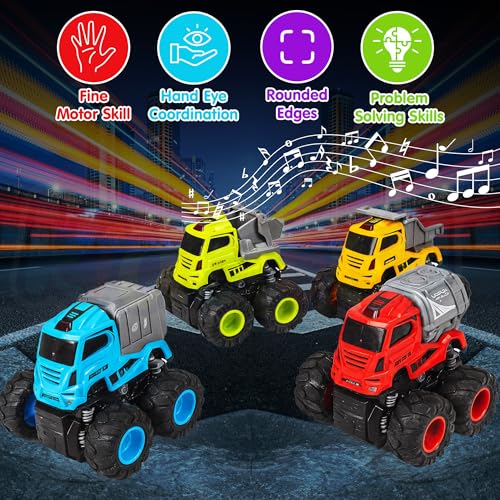 Image of Kidology Mini Trucks Toys Set of 4 | Push to Go Educational Toy Trucks Gift Set for Toddlers -Toy Vehicles with Flashing Lights & Music | Small Toys for Kids, Safe Non-Toxic Plastic