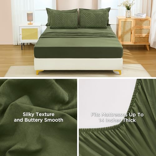Image of Andency Super King Plus Comforter Set Olive Green - 7 Piece Bed in a Bag Oversized King, Olive Green Boho Tufted Bedding Sets, Lightweight Fluffy Bed Set with Comforter, Sheets, Pillowcases & Shams