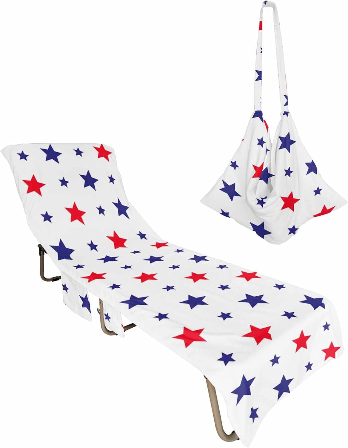 Independence Day Beach Pool Patio Lounge Chaise Chair Cover Towel With Pockets,Absorbent & Quick Dry Microfiber Towel Cover Bag Summer Accessories for Sunbathing Blue American Red Star Flag White
