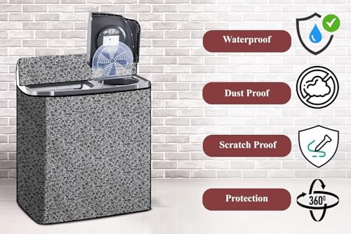 Image of The Furnishing Tree Semi-Automatic Top Load Washing Machine Cover | Waterproof & Dustproof | Easy to Clean | Durable & Washable, Monochrome Floral Vine Print Polyester (53.5x89x99 CM)