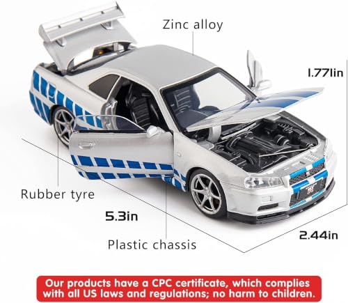 Image of 1:24 Nissan GTR Skyline R34 Diecast Metal Pull Back Car Color Sent as per Stocks