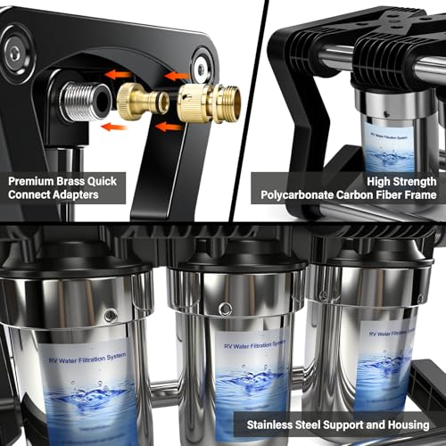 Image of 3 Stage RV Water Filter System with 3 Replacement Filters 0.2 Micron High Flow Camper Water Filter for RV and Boat