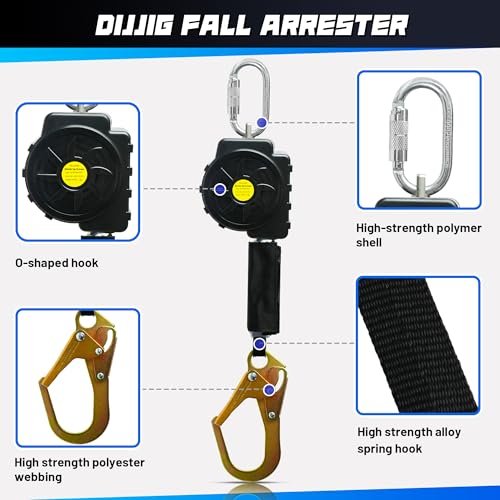Image of DIJJIG 6FT Fall Protection Retractable Lanyard - Heavy Duty SRL Fall Arrest System, Industrial Safety Lanyard for Roofing & Construction Positioning, ANSI /OSHA Compliant Lifeline(Large Hook)