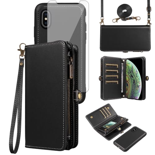 Coque iPhone XS Max portefeuille noire en cuir avec protège-écran en verre trempé