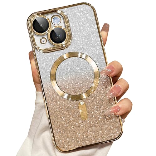 Image of Misscase for iPhone 15 Magnetic Glitter Case Compatible with MagSafe,Camera Lens Protector Full Protection Elegant Anti-Scratch Dust-Proof Net Case Cover for iPhone 15 Gold