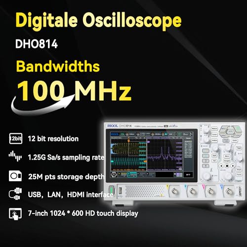 Image of RIGOL Digital Oscilloscope DHO814 100 MHz 4-Ch 1.25 GSa /s 12-bit 25 Mpts UltraAcquire 1,000,000 wfms /s 7 inch Touch LAN /USB /HDMI Web Control SCPI for Power Ripple MCU Bus Debug | 1.25 GSa /s, 7 inch HD Touchscreen, USB-C Powered Portable Oscilloscope for Advanced R&D, Lab & PCB Debugging