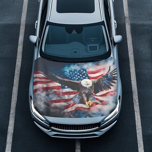Image of Renewold Stylish American Flag Eagle Print Car Hood Cover Protector Hood Covers for Cars Decorative Wrap Blanket Women Men Automotive Exterior Accessories for Most Sedan Small SUV Truck