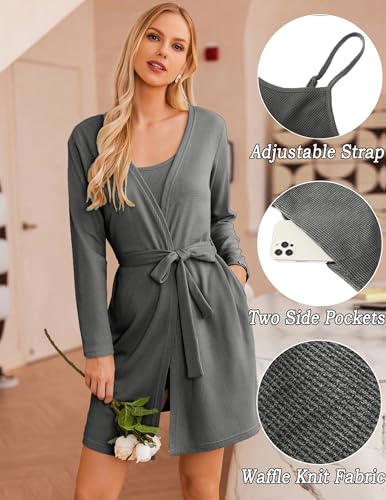 Image of Ekouaer Pajamas for Women Set 3 Piece Lounge Set Soft Pajama Sets Waffle Knit Tank Top and Shorts Cardigan with Pockets S-XXL