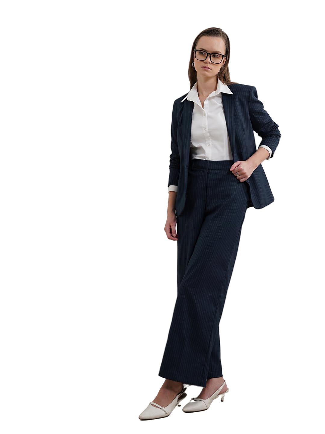 fablestreet Women Blazer & Trousers Set Formal | Tailored Fit Notched Lapel Full Sleeve Striped Design | Premium Fabric & Wide Leg Pants for Business Casual Work Wear-picture-26