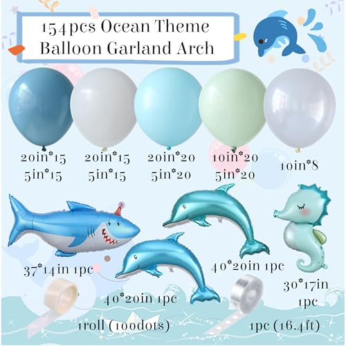 Image of Under the Sea Party Decorations, 154pcs Slate Blue Mist Green Balloon Garland Arch Kit, Bubble Balloons with Dolphin Shark Hippocampus Foil Balloon for Ocean Birthday Party Supplies Shark Party Decor