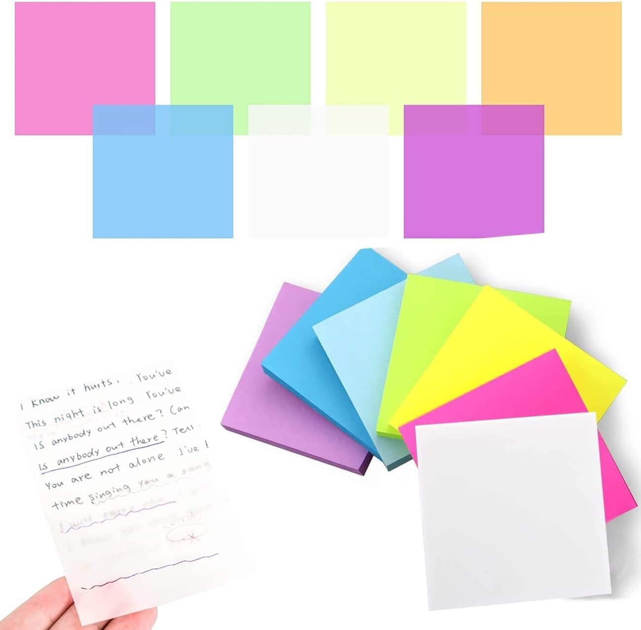400 PCS Transparent Sticky Notes, 3 X 3 Inch Clear Sticky Notes Suitable for Books, Message Reminder, Waterproof Self Adhesive Removable Memo Pads (7 Colors)