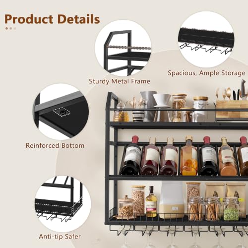 Image of Hoctieon Wall Mounted Wine Rack, 31.5 inch Wall Wine Rack for Display and Storage, Hanging Bottle Holder, for Living Room, Dining Room, Bar, Wine Cellar, Black