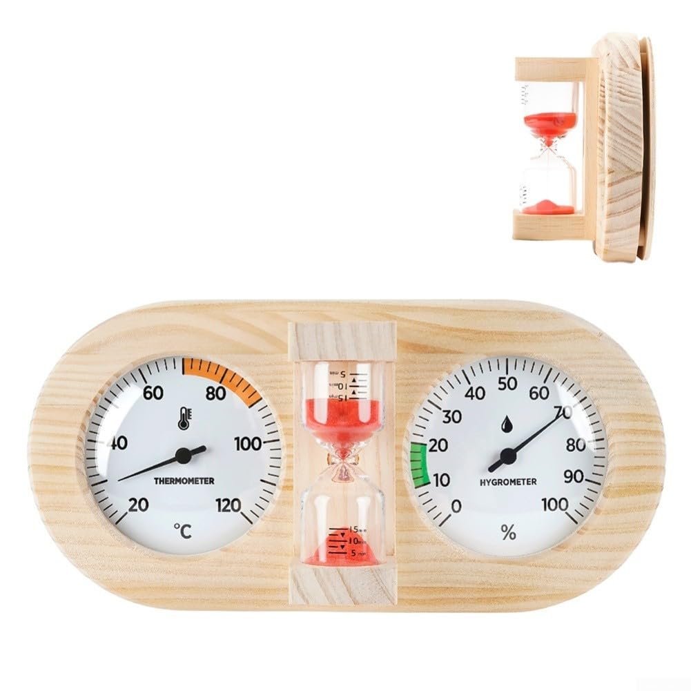Termohigrómetro de sauna con temporizador de reloj de arena, medidor de temperatura y humedad montado en la pared de madera de pino para sala de sauna, 20-120 °C 0-100% HR (A)