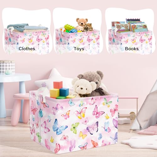 Image of Clastyle Kid Storage Basket Butterfly Foldable Clothes Laundry Hamper, 36L | Waterproof Large Book Gift Toy Organizer Nursery Bin, Girl Room Playroom Bedroom Bathroom, Dream Purple Pink Shelf Basket