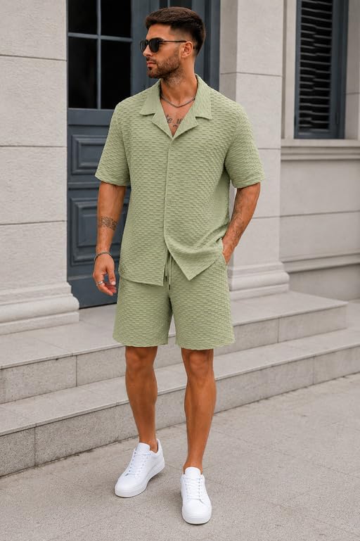 Image of Zilcon Men's Textured Co-Ord Set | Half Sleeve Cuban Collar Shirt & Shorts | Casual Summer Lounge Wear | Premium Matching Outfit