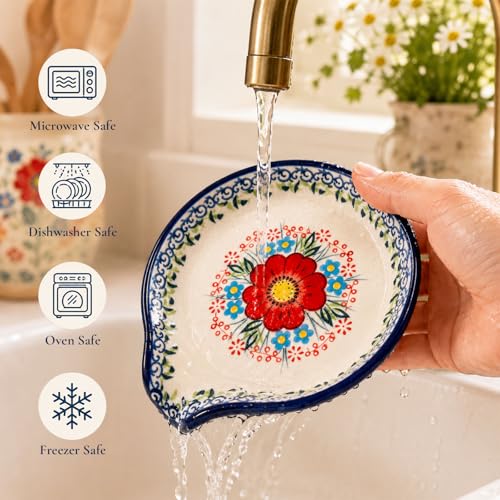 Image of Spoon Rest for Stove Top, 5 inch Hand-Painted Red Flower Spoon Holder