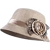 Vijiv Women's Vintage 1920s Gatsby Hat Linen Bucket Cloche Derby Church Hat for Cocktail Party with Floral 56-58cm Beige