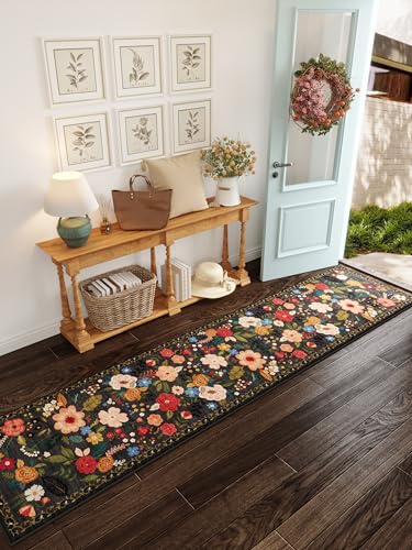 Runners for Hallways Kitchen Rug Non Slip 2'x 10' Long Washable Runner Rugs with Rubber Backing Soft Floral Carpet Runner for Hallways, Kitchen, Laundry, Bedroom, Bathroom(Black)