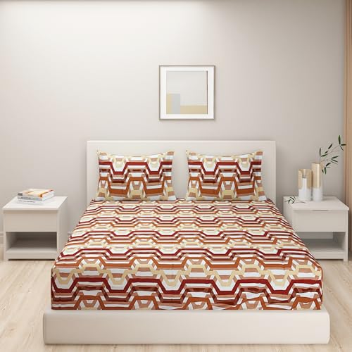 Image of Swayam Roto Cotton King Bedsheet with 2 Pillow Covers | Size 108 x 108 inch | 144 TC | Geometric Design | Soft Breathable Bed Sheet | Comfortable & Durable for Bedroom - Beige