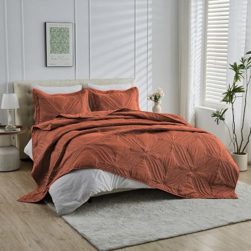 Image of Kingnex Oversized King Bedspreads 128x120 Ultrasonic Quilted Baked Clay | Extra Wide Coverlet for Tall Split King Adjustable Bed or Cal King Size, 3 Piece Include 1 Quilt, 2 King Size Pillowcases
