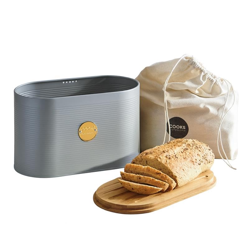 Cooks Professional Ribbed Bread Bin with Linen Bag & 2-in-1 Bamboo Cutting Board Lid | Modern, Stylish & Breathable Countertop Food Storage Canister for Loaves, Rolls, Pastries | Grey/Gold