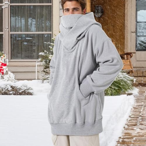 Mens Hooded Sweatshirt Face Mask Long Sleeve Solid Color Cotton Shirt Cold Weather Street Strolls Tops with Pocket Plus Size2