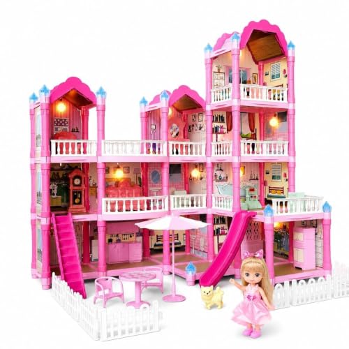Image of Large Pink Princess Dollhouse for Girls, 3-Storey Doll House Playset with Furniture, Slides, Stairs, Swing, Balcony, Kitchen & Bedroom Accessories, Pretend Play Toy for Kids Ages 3+