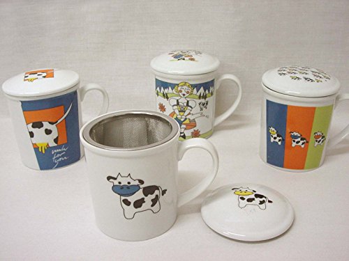 TISANA TISANERA Taza MUG Tapa Infusion TE Filtro Metal 200ML Porcelana Vaca Variado Cover