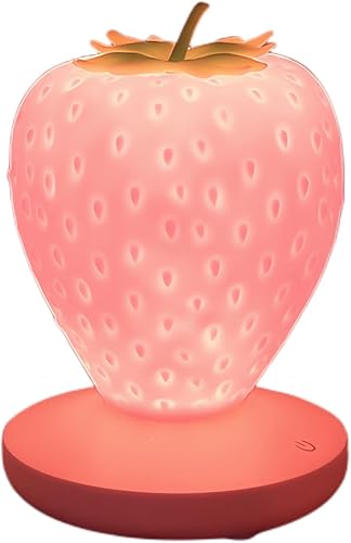 Decoración de luz nocturna de fresa, bonita lámpara LED de fresa de silicona, recargable por USB, 3 modos de luz táctil que cambia de color para el