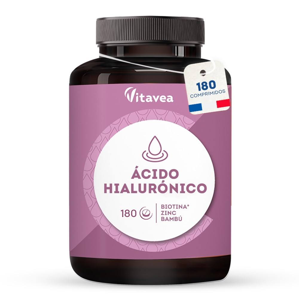 Ácido Hialurónico - 180 comprimidos - Dosis Alta - 6 meses - Antienvejecimiento, antiarrugas - Filler - Piel hidratada y suave - con zinc, biotina y bambú - Vitavea