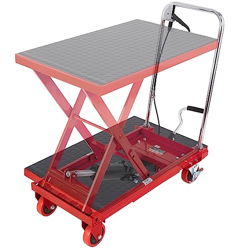 VEVOR Hydraulic Lift Table Cart, 500lbs Capacity 28.5" Lifting Height, Manual Single Scissor Lift Table with 4 Wheels and Non-Slip Pad, Hydraulic Scissor Cart for Material Handling, Red