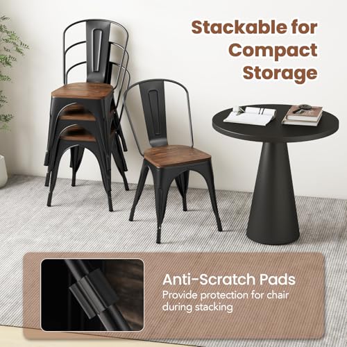 Image of COSTWAY 18 Inch Dining Chair Set of 4, Industrial Vintage Stackable Metal Chairs, Counter Bar Chairs with High Backrest, Wood Seat, for Home, Kitchen and Cafe Bar Use
