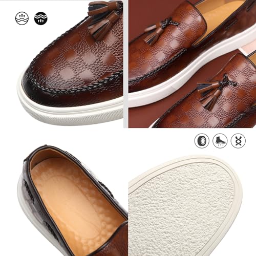 Zeberfi Men's Plaid Pattern Leather Slip On Tassel Loafers Fashion Round Toe Low Top Non-Slip Luxury Business Casual Shoes2