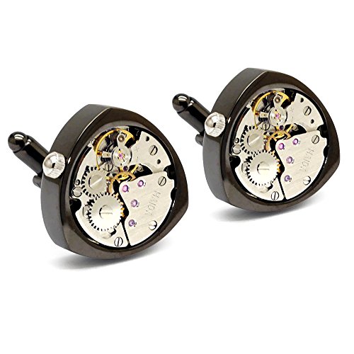 HONEY BEAR Cufflinks Mens Triangle Working Watch Movement Wedding Gift with Box Black