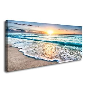Baisuart S02250 Canvas Prints Wall Art Beach Sunset Ocean Waves Nature Pictures Stretched Canvas Wooden Framed for living Room Bedroom and Office