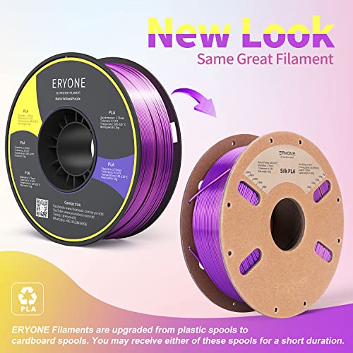 Image of ERYONE Silk Dual Color PLA Filament 3D Printer 1.75mm + /- 0.03mm, Bicolor Filament Two Tone PLA 1KG(2.2lbs) Cardboard Spool, Gold Purple
