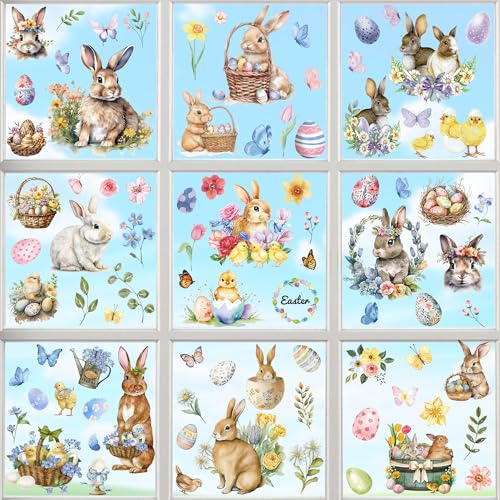 Image of 9 Sheets Easter Window Clings, 87 PCS Watercolor Easter Party Decorations with Bunny Egg Flower, Double Sided Egg Window Decals Stickers for Spring Decor Home Office Party Supplies