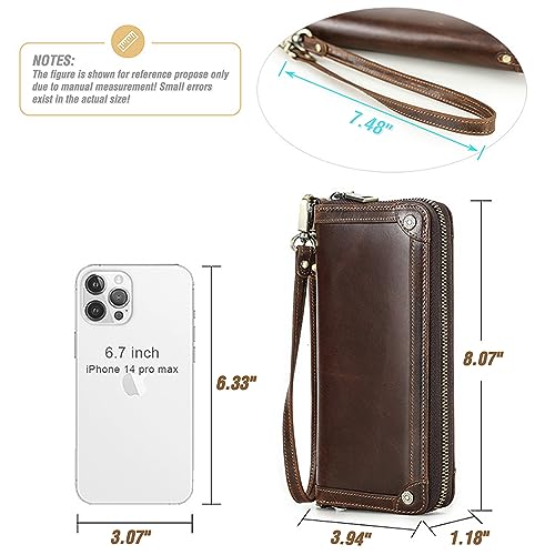 Image of Top Grain Genuine Oiled Leather Clutch Wallet for Man & Woman, Handmade Vintage Design, Multi Pockets & Slots & Detachable Wristlets, RFID Large Capacity for Cards /Checks /Money /Passport, Red Coffee