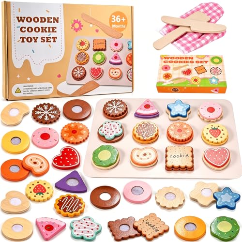 WoodTrove Wooden Cookies Play Set Slice and Bake Wooden Cookie Play Food Set with Gift Boxes Wooden Play Food Set Montessori Play Kitchen Accessories Gift for Kids 3+