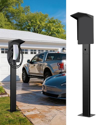 Image of Outdoor EV Charger Pedestal for Tesla & J1772 Charger with Roof | Heavy-Duty Rugged Stand, Anti-wobble Stable Base, Anti-Rust Finish, Handy Organizer Keeps Cable Tidy, Rain & Leaf Protection