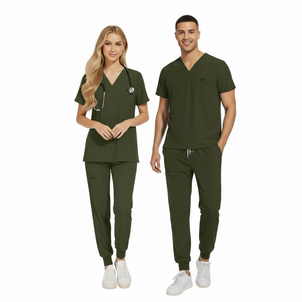 Medical Scrub Set Scollo A V Manica Corta Top con 3 Tasche Elastico Polsino Pantaloni Traspirante Dell'Assistenza Sanitaria Uniforme CK13