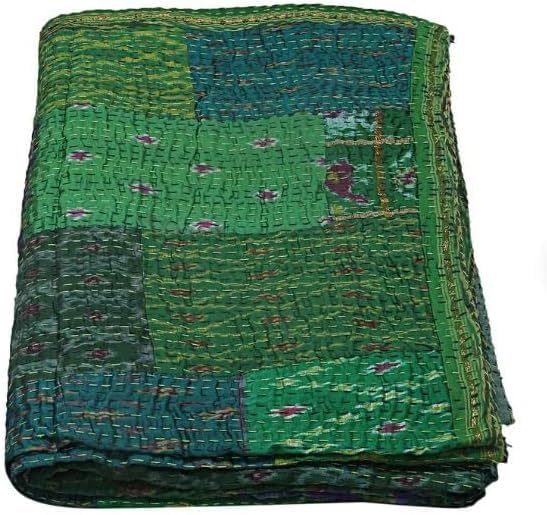 Patchwork Kantha Quilt,Throw, Handmade Silk Bed Cover,Bedding Bedspread,Vintage Hand Stitch Gudri, Decorative Beach Blanket (Green, King 108" x 108" with Pillow Sham)