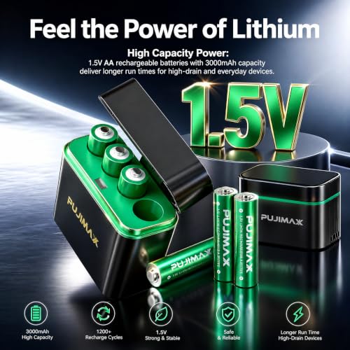 Image of PUJIMAX Rechargeable AA Batteries, 1.5V Lithium AA Batteries with Fast Charger, High-Capacity 4-Pack, Charger Included, 30-Minute Rapid Charge, 1500+ Recharge Cycles