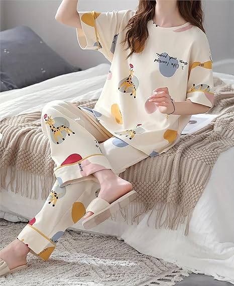 Image of Women's Pajama Set with Top & Pants|| Korean Night Wear|| Loose Fit Home Wear || Lightweight Printed Set || Soft & Comfy Girls & Women