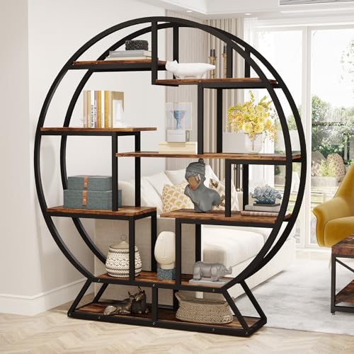 Image of Tribesigns Bookshelf, Round Bookshelves Etagere Bookcase, 63 Inch Industrial Wood Book Shelf with Staggered Shelves, Rustic Open Shelving Organizer Rack Display Shelf for Home Office, Living Room